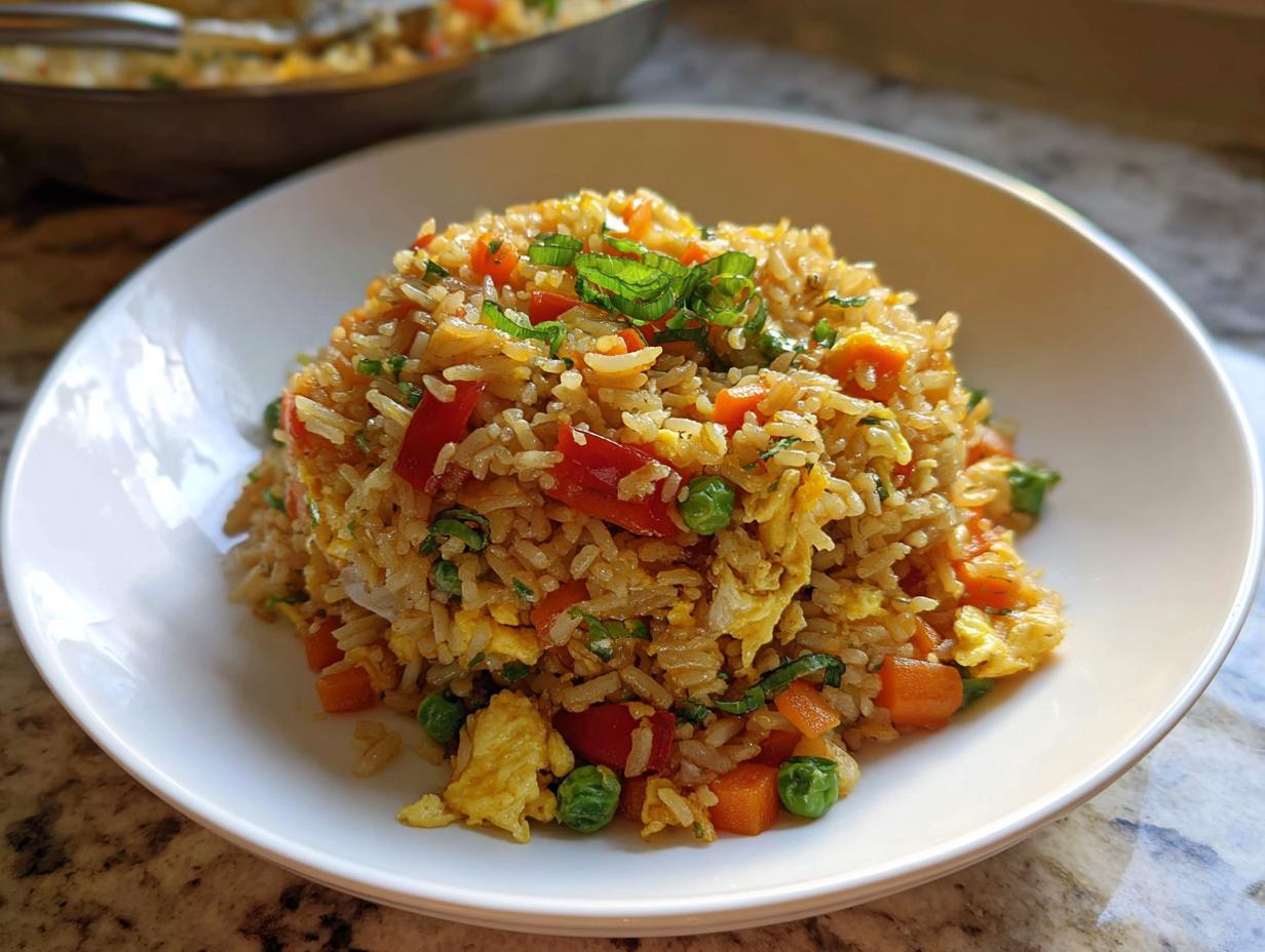 Ein Berg von Reis-Gemüse-Pfanne mit Ei, garniert mit frischen Kräutern, auf einem weißen Teller.