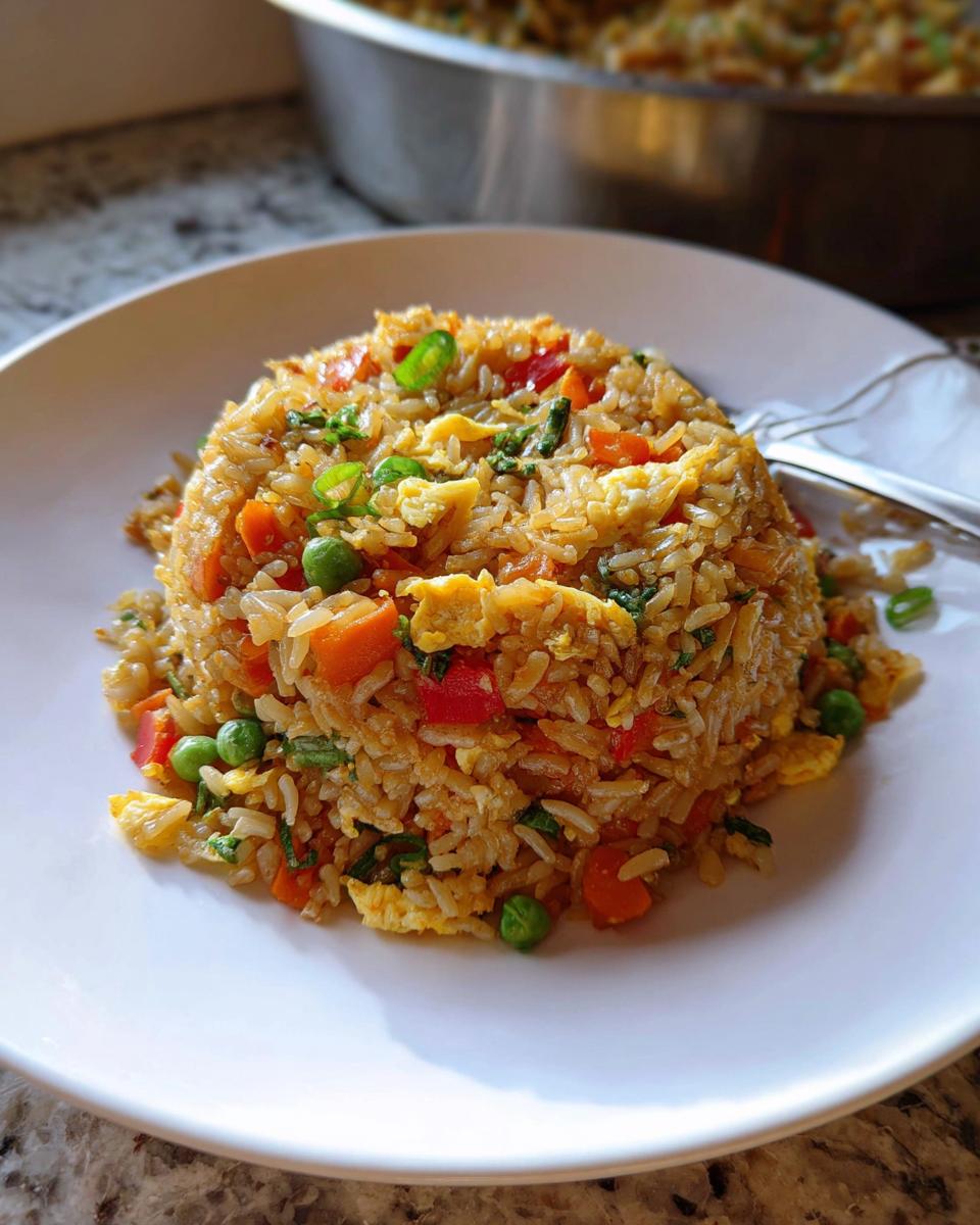 Ein Berg von Reis-Gemüse-Pfanne mit Ei, garniert mit Karotten, Erbsen und Frühlingszwiebeln, auf einem weißen Teller.
