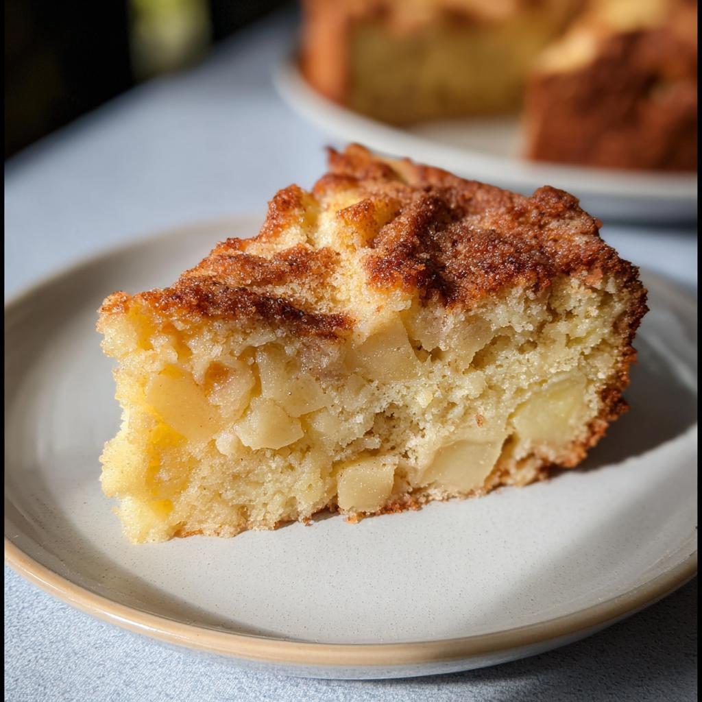Ein Stück Saftiger Apfelkuchen aus Rührteig mit Zimtstreuseln auf einem Teller.
