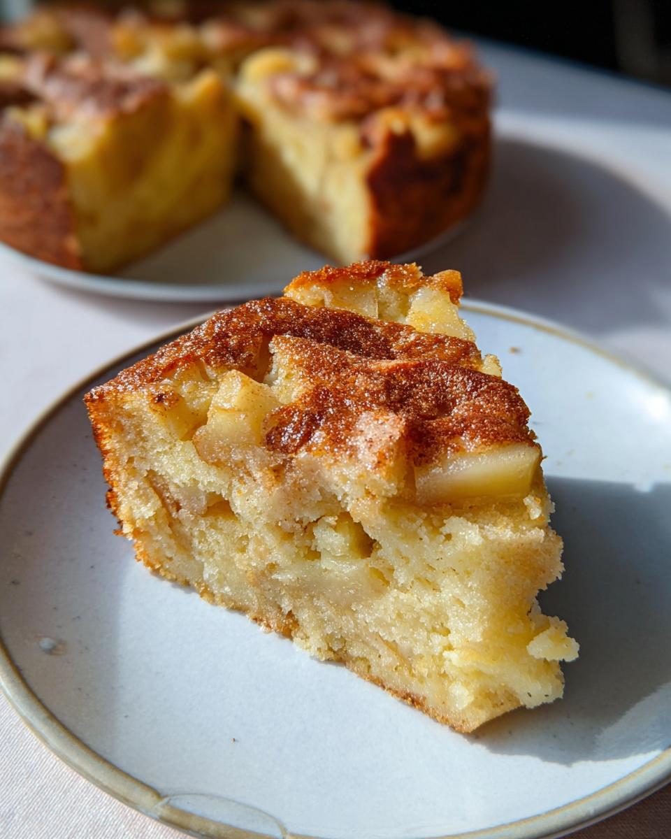 Ein Stück Saftiger Apfelkuchen aus Rührteig mit Zimt-Zucker-Kruste auf einem hellblauen Teller.