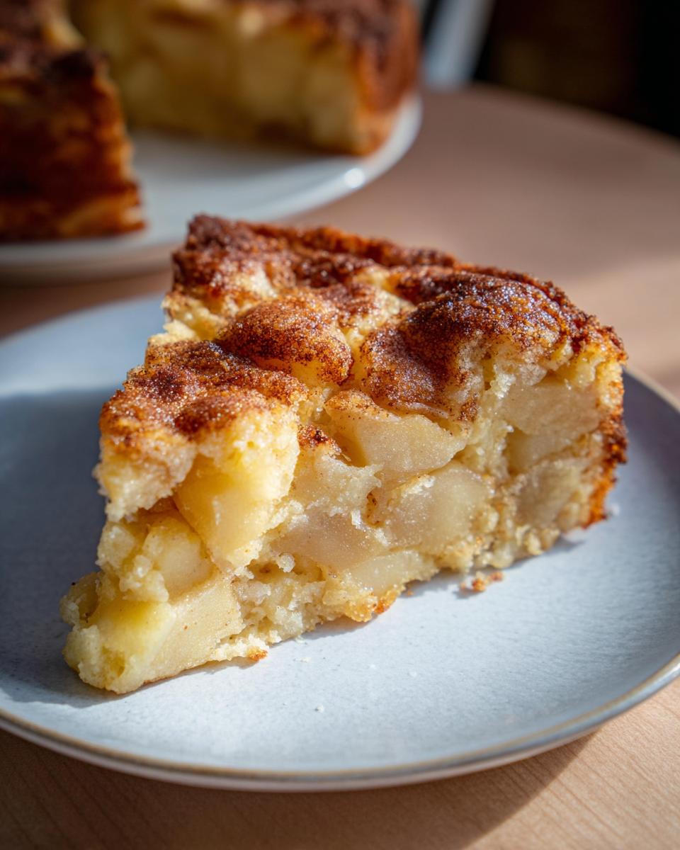 Nahaufnahme eines Stücks Saftiger Apfelkuchen aus Rührteig mit Zimtstreusel auf einem hellblauen Teller.