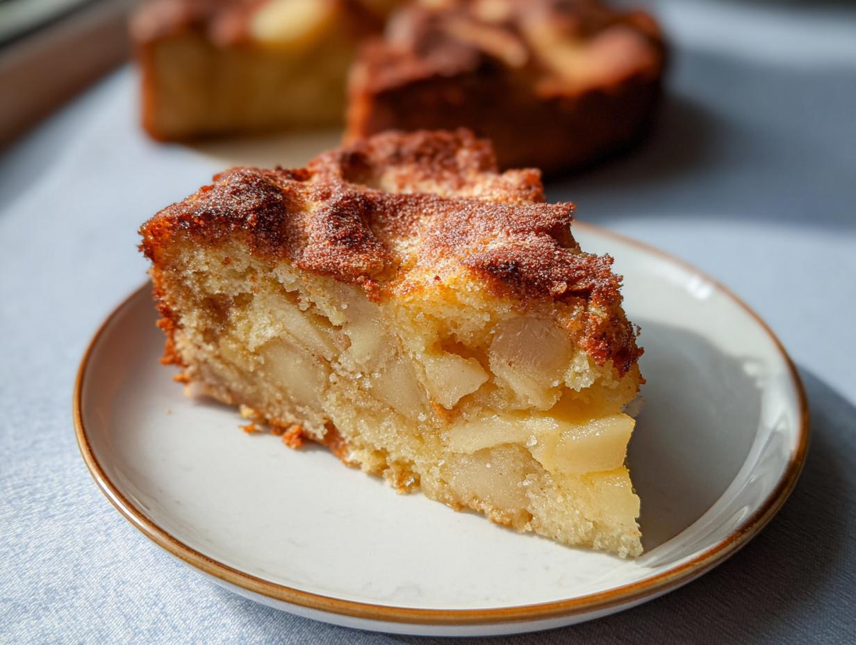 Ein Stück Saftiger Apfelkuchen aus Rührteig mit Zimt-Zucker-Kruste auf einem Teller.