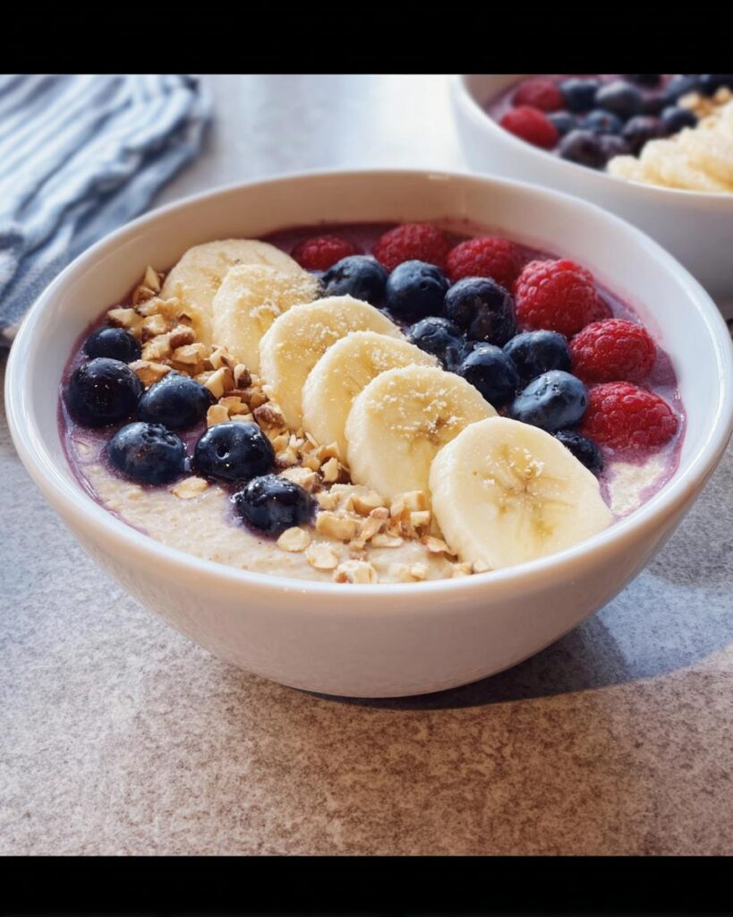 Nahaufnahme einer Schnelle Frühstücks-Bowl mit Banane & Haferflocken, belegt mit Blaubeeren, Himbeeren und Nüssen.
