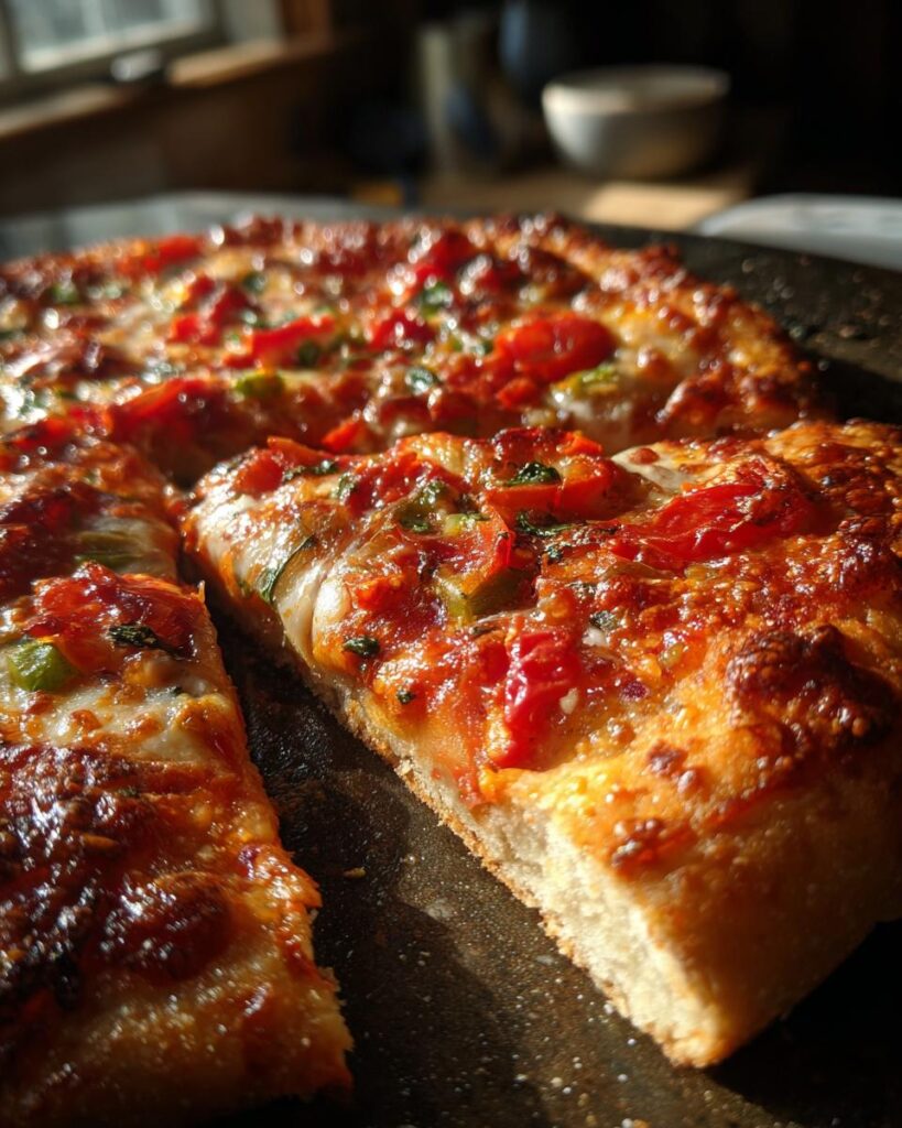 Nahaufnahme einer fertigen Schnelle Pfannenpizza ohne Ofen, mit geschmolzenem Käse und leuchtend roten Tomatenstücken.
