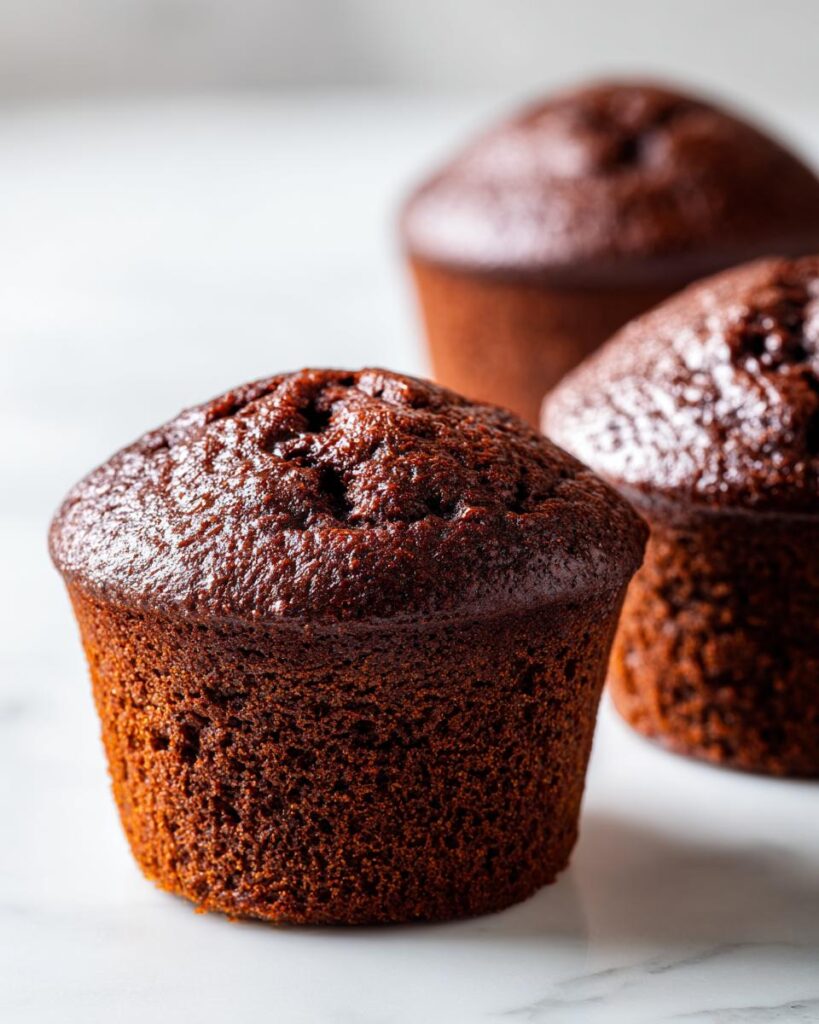 Drei saftige, dunkle Schnelle Schokomuffins mit Kakao auf einer weißen Marmoroberfläche.