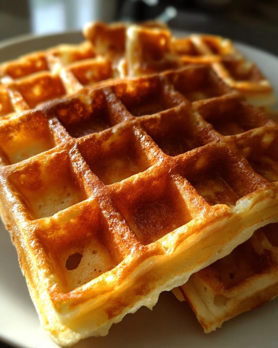 Nahaufnahme von goldbraunen, frisch gebackenen Schnelle Vanillewaffeln nach Oma-Art auf einem Teller.