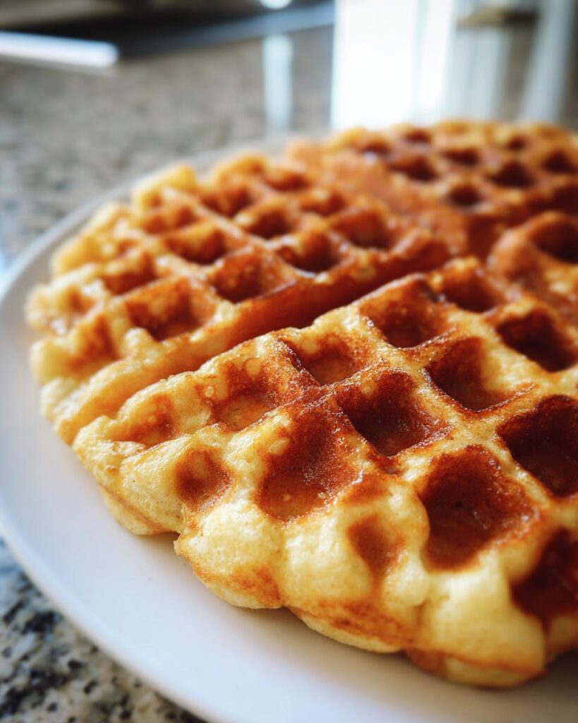Nahaufnahme einer frisch gebackenen, goldbraunen Waffel, die auf einem weißen Teller liegt – Schnelle Vanillewaffeln nach Oma-Art.