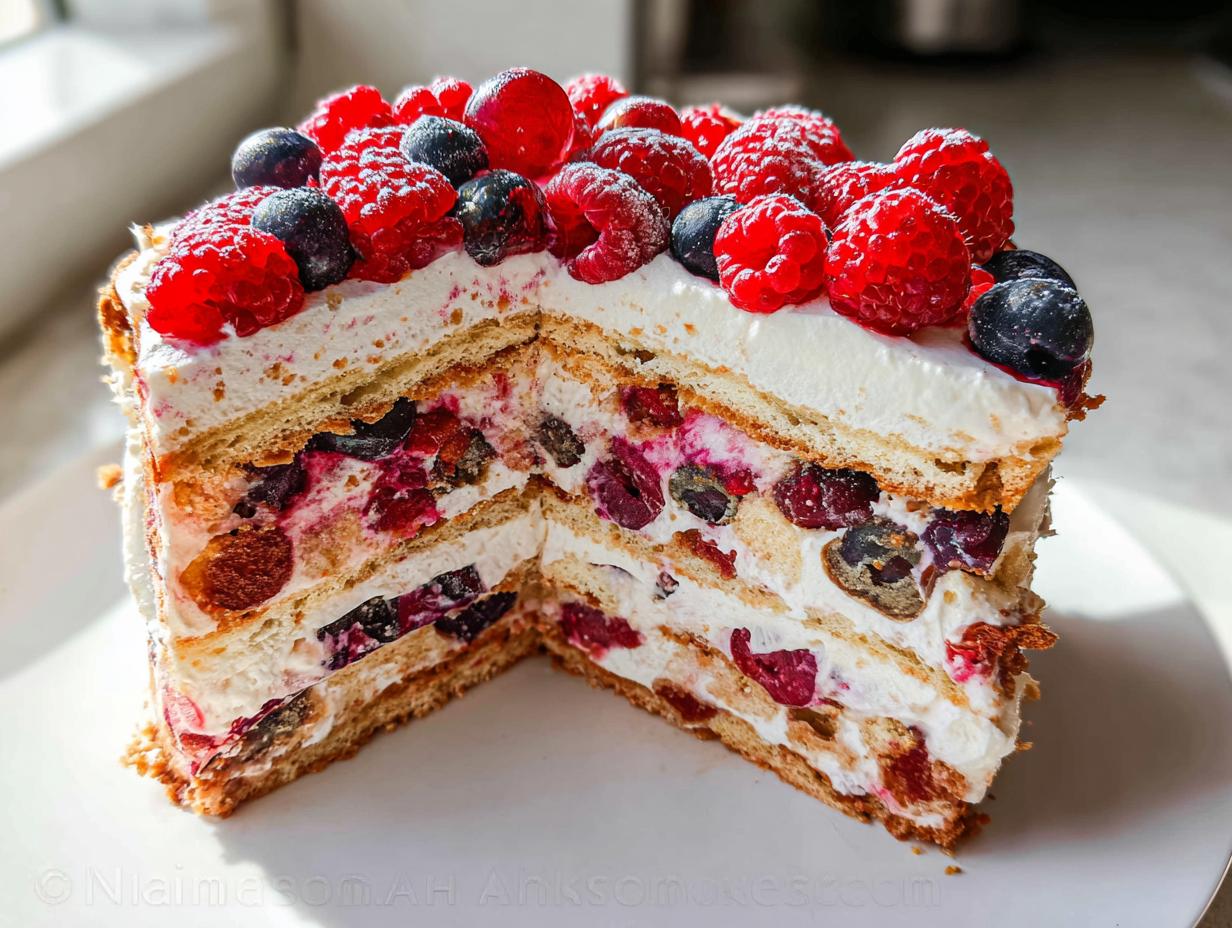 Schnittansicht eines geschichteten Beeren Tiramisu Kuchen, reichlich belegt mit Himbeeren und Blaubeeren.