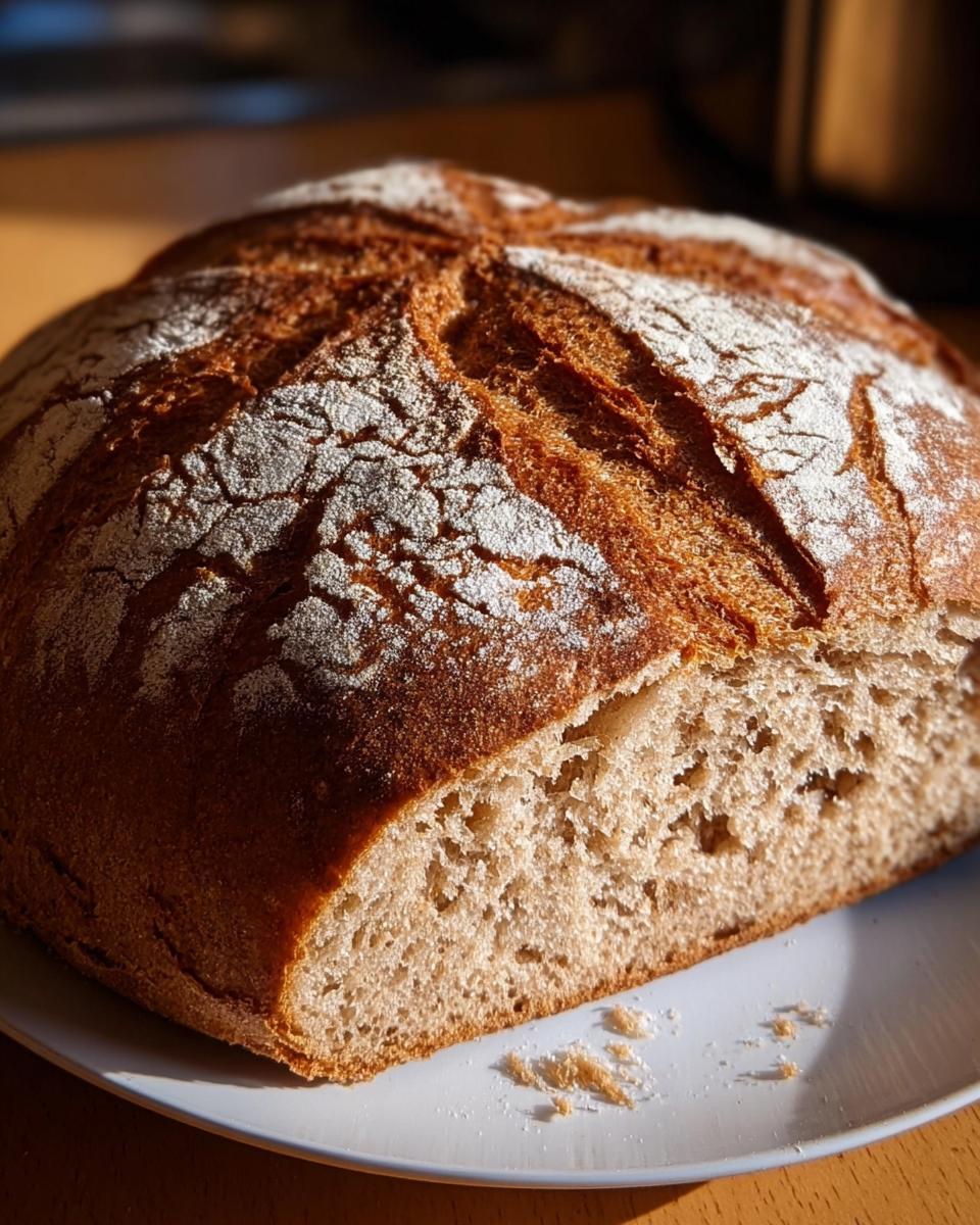 Nahaufnahme eines Laibs Schnelles Dinkelbrot mit Hefe, aufgeschnitten, mit knuspriger Kruste.