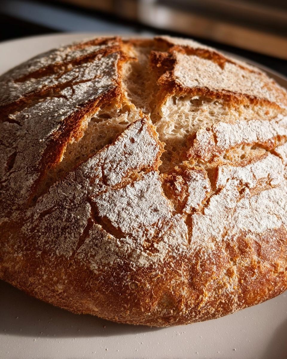 Nahaufnahme eines goldbraun gebackenen Laibs Schnelles Dinkelbrot mit Hefe, bestäubt mit Mehl.