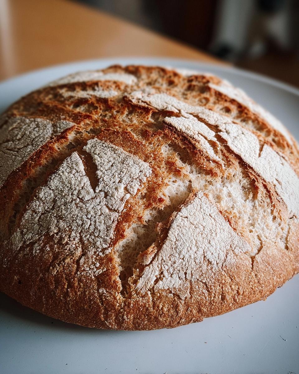 Nahaufnahme eines frisch gebackenen Laibs Schnelles Dinkelbrot mit Hefe mit goldbrauner, bemehlter Kruste.