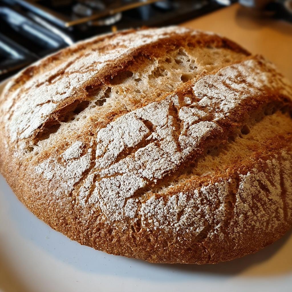 Nahaufnahme eines frisch gebackenen Laibs Schnelles Dinkelbrot mit Hefe mit einer stark bemehlten, aufgesprungenen Kruste.