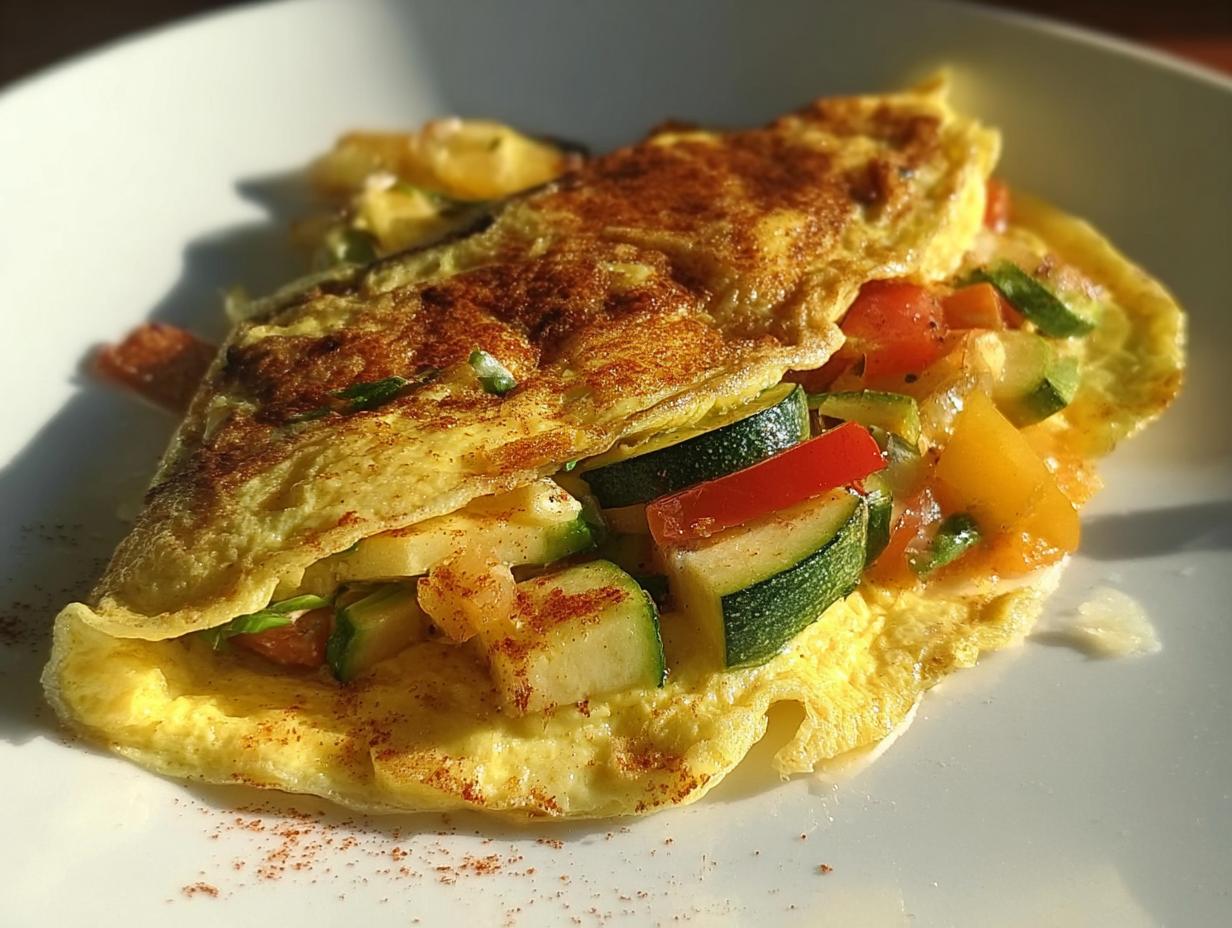 Ein aufgeschnittenes Schnelles Omelett mit Gemüse und Käse, gefüllt mit Zucchini und Paprika, auf einem weißen Teller.