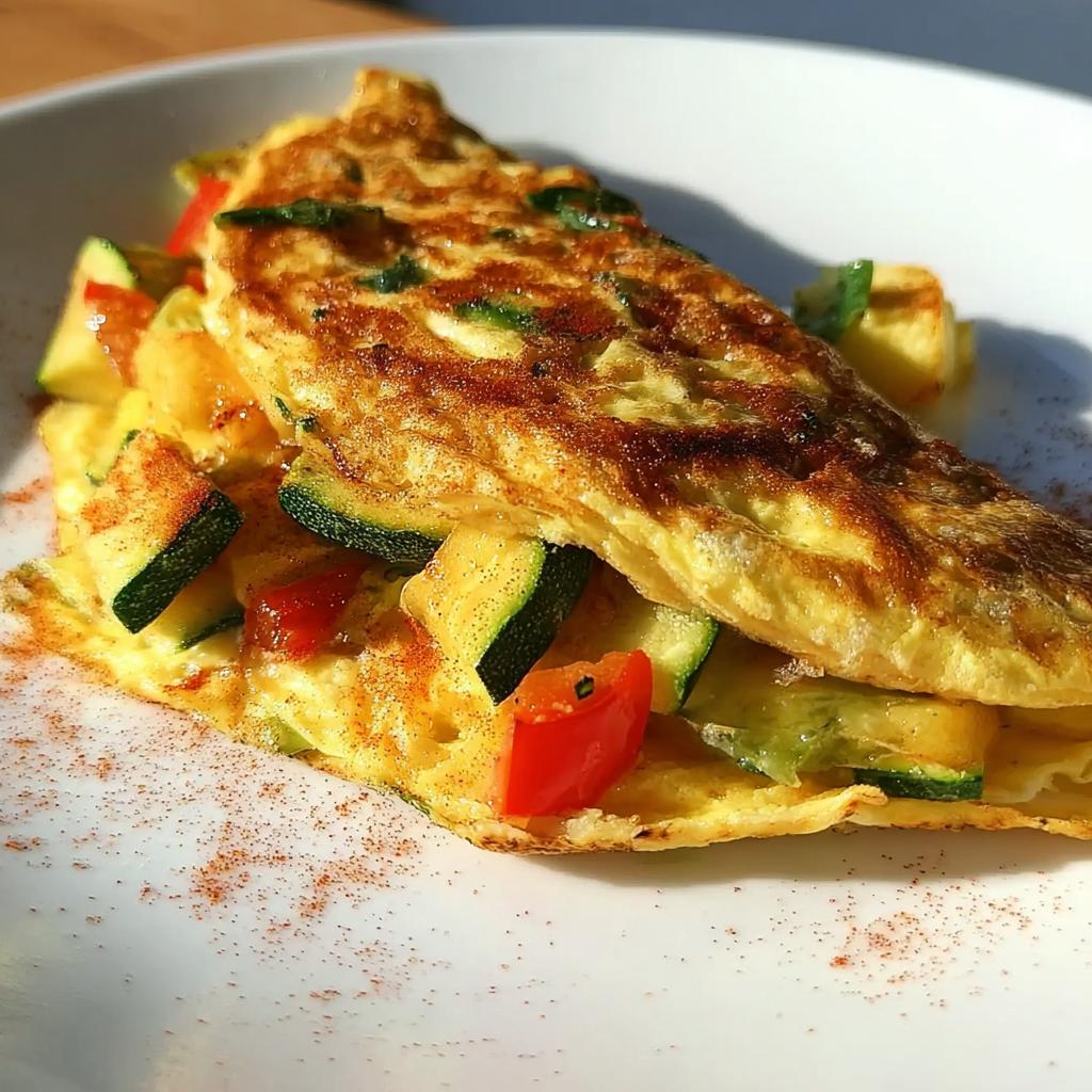 Ein gefaltetes Schnelles Omelett mit Gemüse & Käse, gefüllt mit Zucchini und roten Paprikastücken.