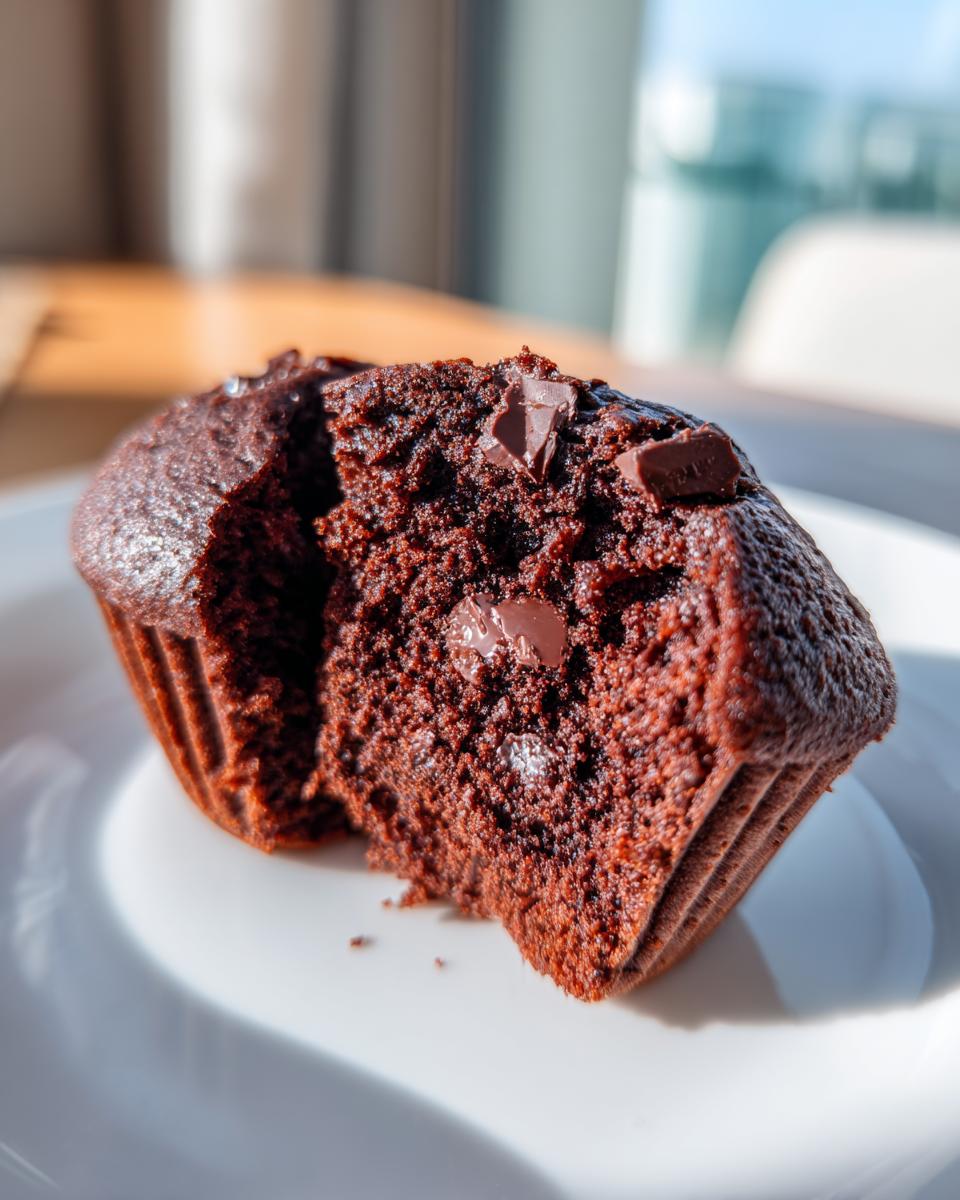 Angeschnittener, saftiger Schokomuffin mit sichtbaren Schokoladenstücken, ideal für Schokomuffins mit extra Schokolade.
