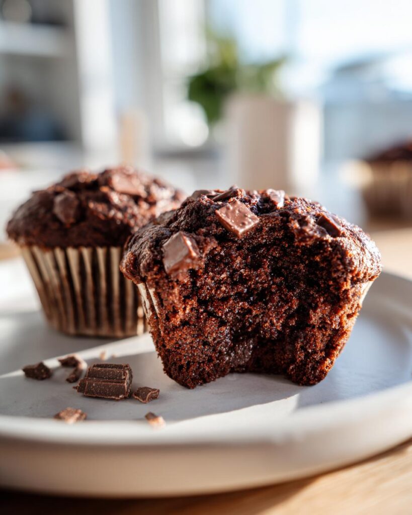 Nahaufnahme von saftigen Schokomuffins mit extra Schokolade, einer davon angebissen, auf einem hellen Teller.