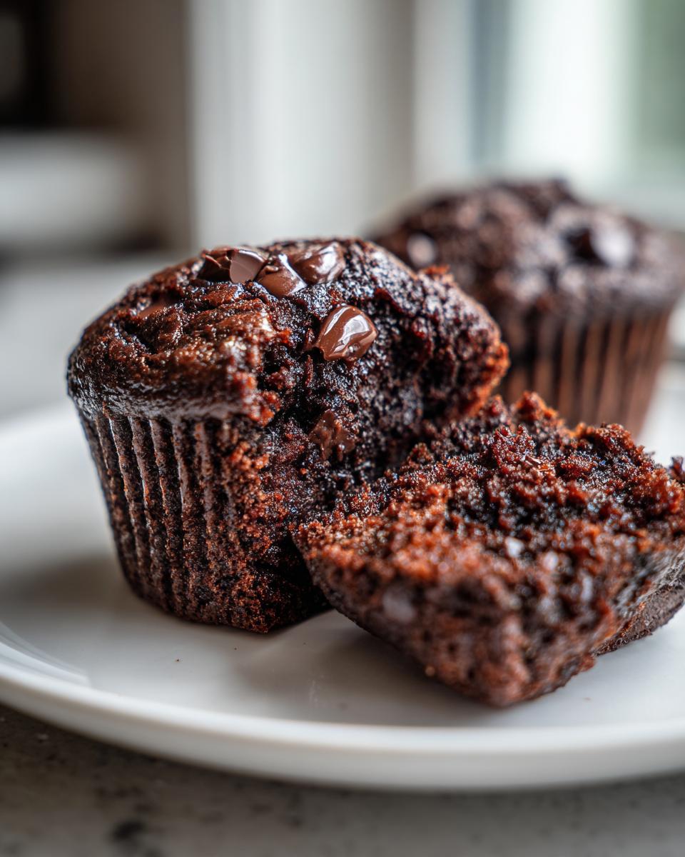 Nahaufnahme von saftigen Schokomuffins mit extra Schokolade, einer davon aufgeschnitten.