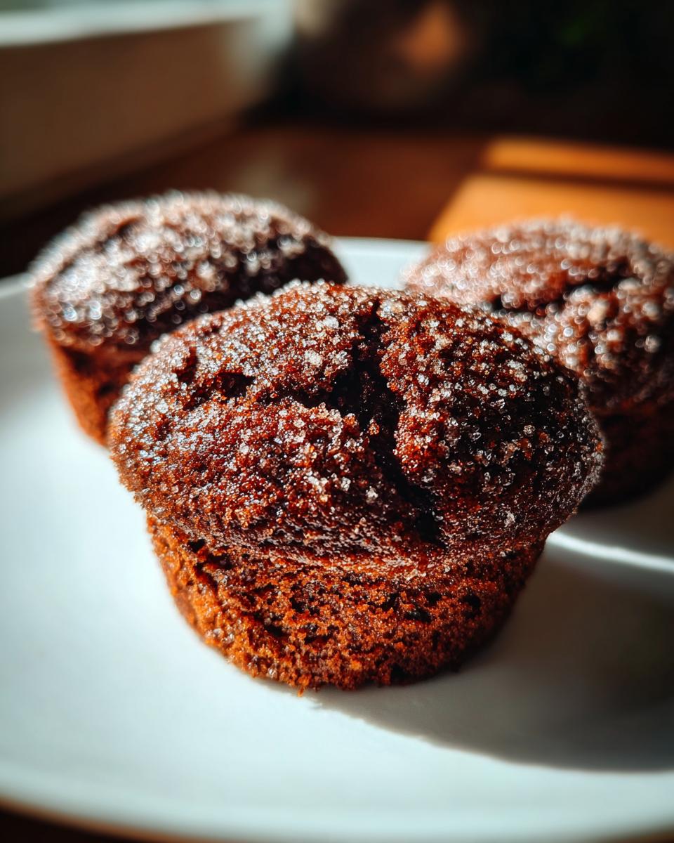 Drei saftige Schokomuffins mit Kakao und einer glitzernden Zuckerkruste auf einem weißen Teller.