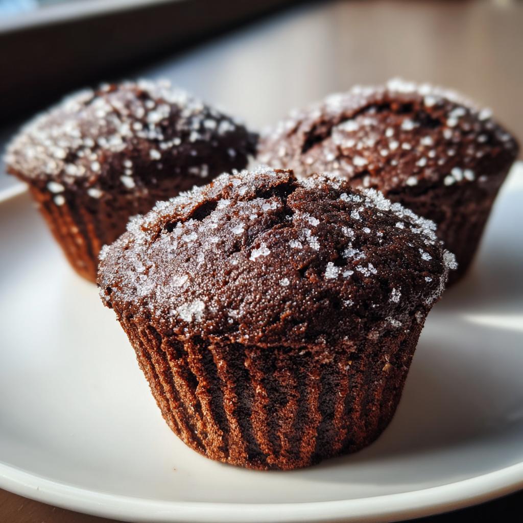 Drei dunkle Schokomuffins mit Kakao und einer glitzernden Zuckerkruste auf einem weißen Teller.