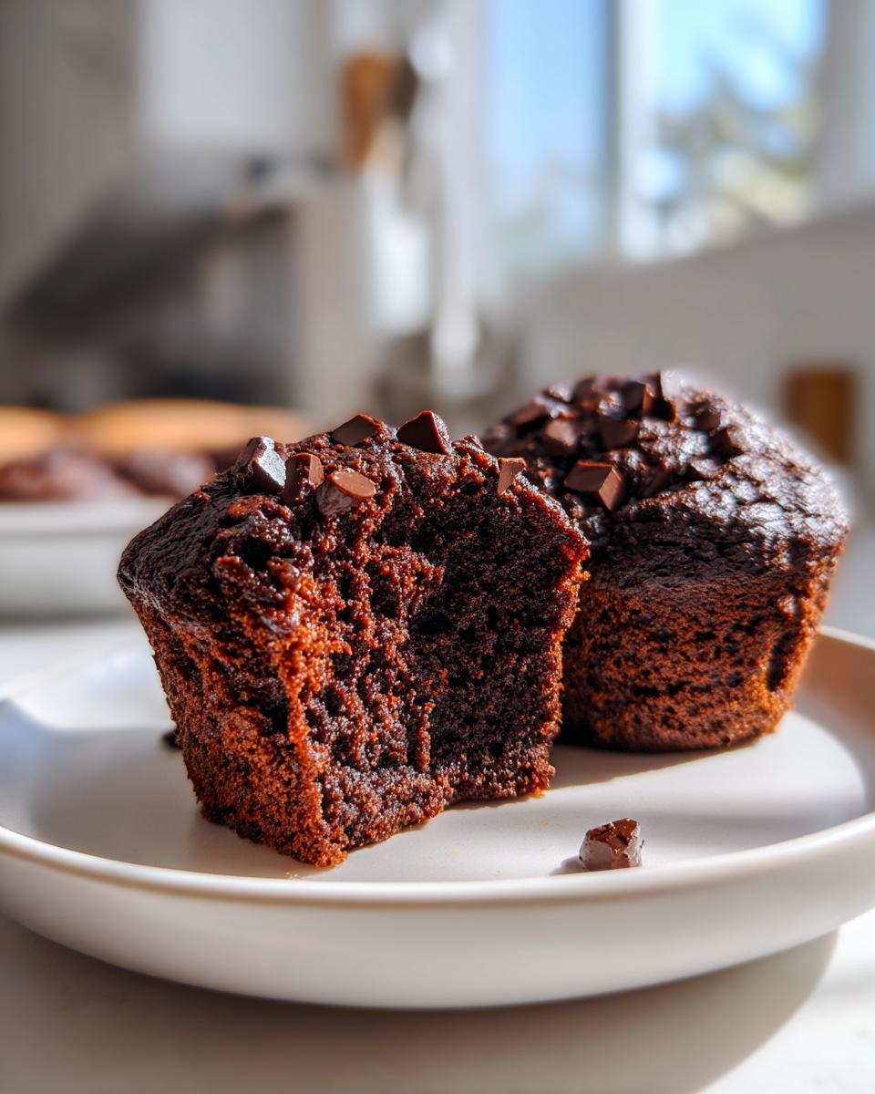 Zwei dunkle Schokomuffins mit extra Schokolade, einer davon aufgeschnitten, um die feuchte Textur zu zeigen.