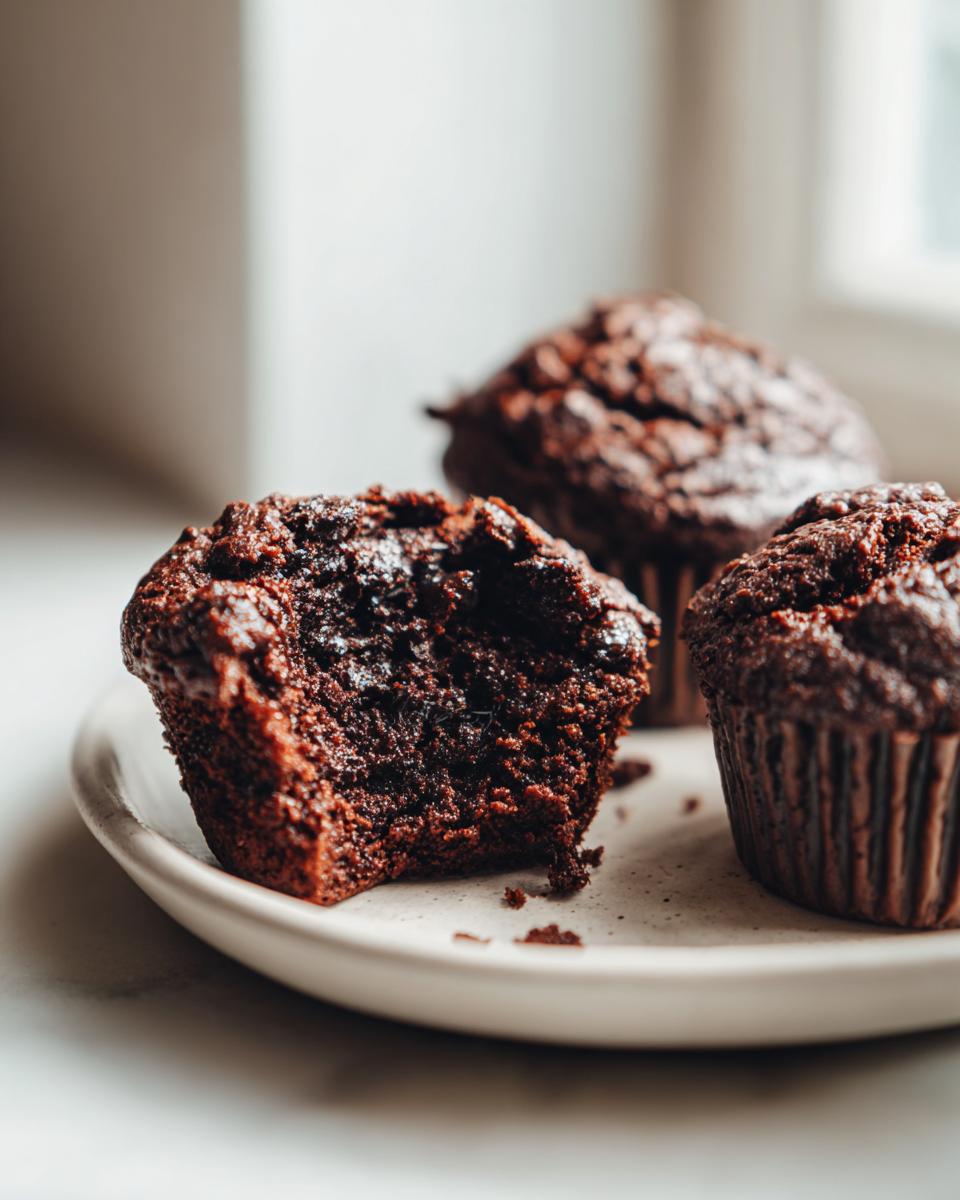 Nahaufnahme eines aufgebissenen Schokomuffins ohne Küchenmaschine, der seine feuchte, dunkle Krume zeigt.