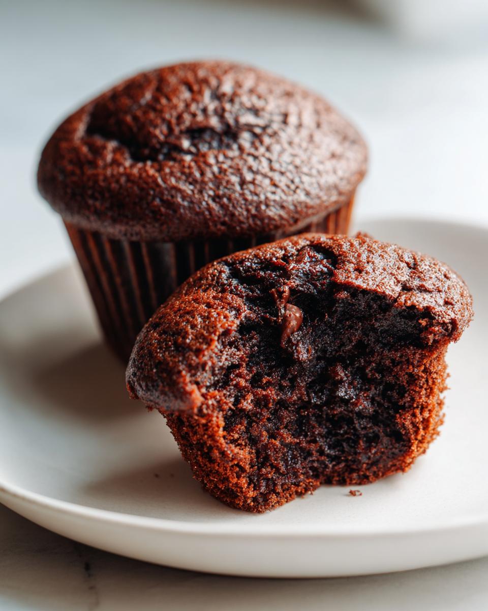 Zwei saftige Schokomuffins ohne Küchenmaschine, einer davon angebissen, um die feuchte Textur zu zeigen.