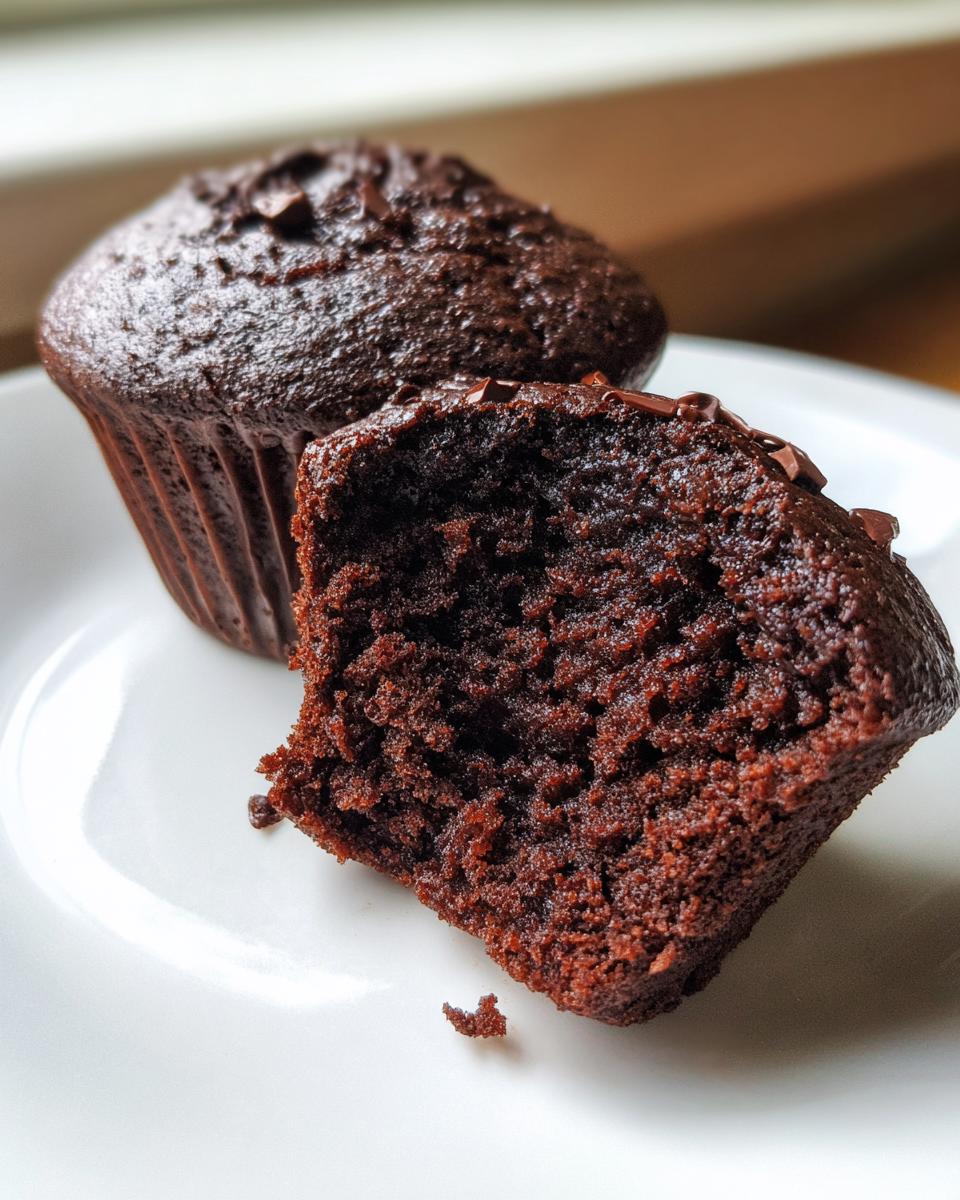 Nahaufnahme von saftigen Schokomuffins ohne Küchenmaschine, einer davon aufgeschnitten, um die lockere Textur zu zeigen.