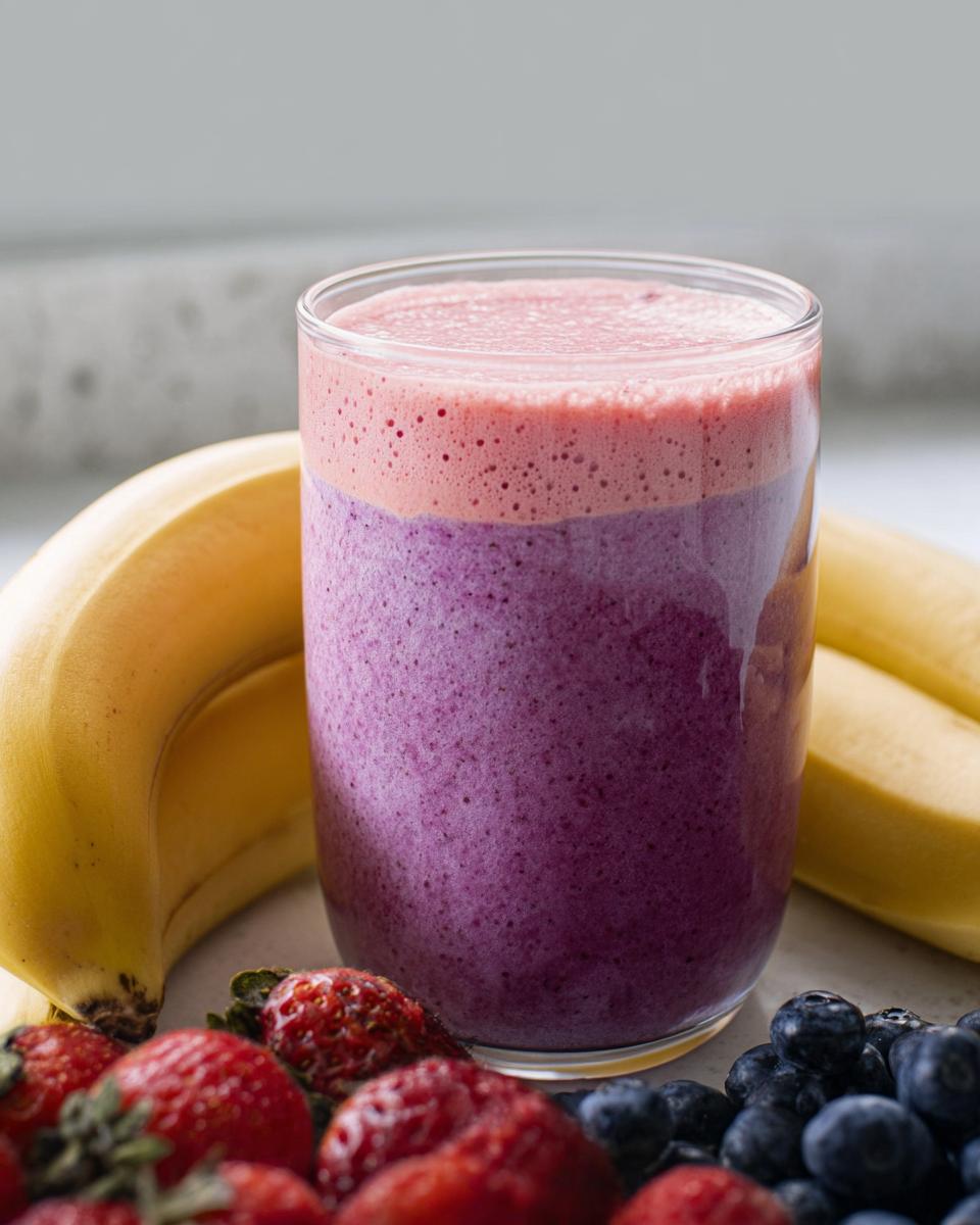 Ein cremiges Smoothie mit Banane & Beeren in zwei Schichten (lila und rosa) umgeben von frischen Erdbeeren, Blaubeeren und Bananen.