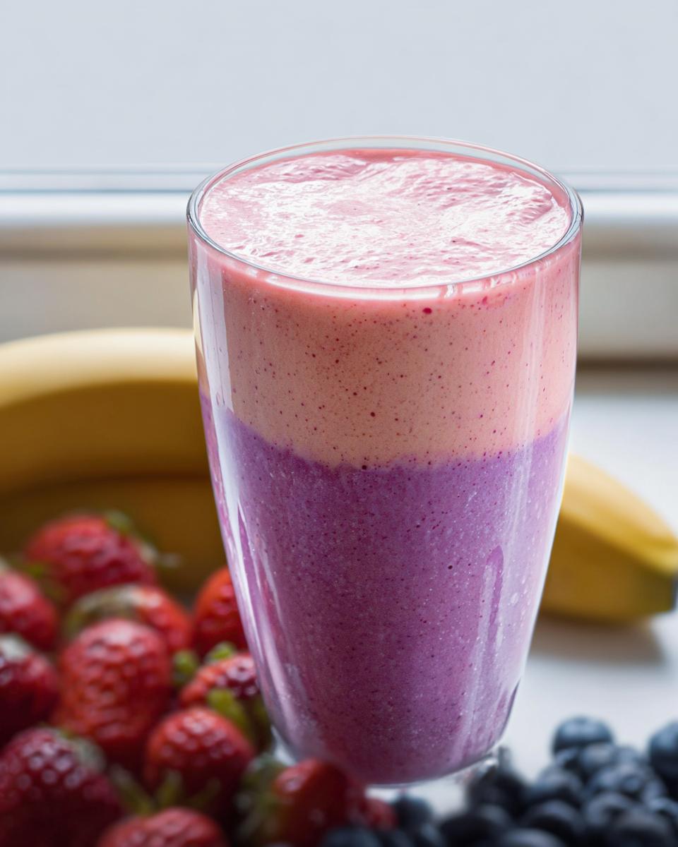 Ein hohes Glas mit einem geschichteten Smoothie mit Banane & Beeren, umgeben von frischen Erdbeeren und Blaubeeren.