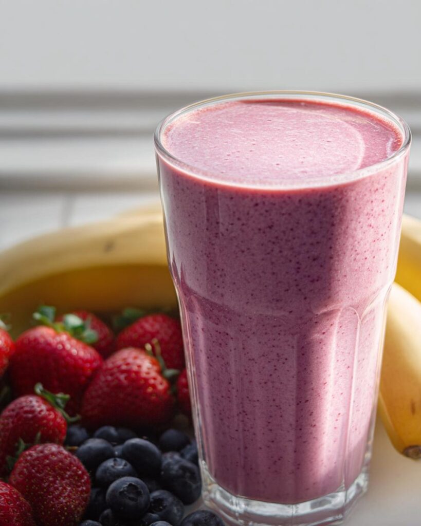 Ein hohes Glas mit einem cremigen Smoothie mit Banane & Beeren, umgeben von frischen Erdbeeren und Blaubeeren.