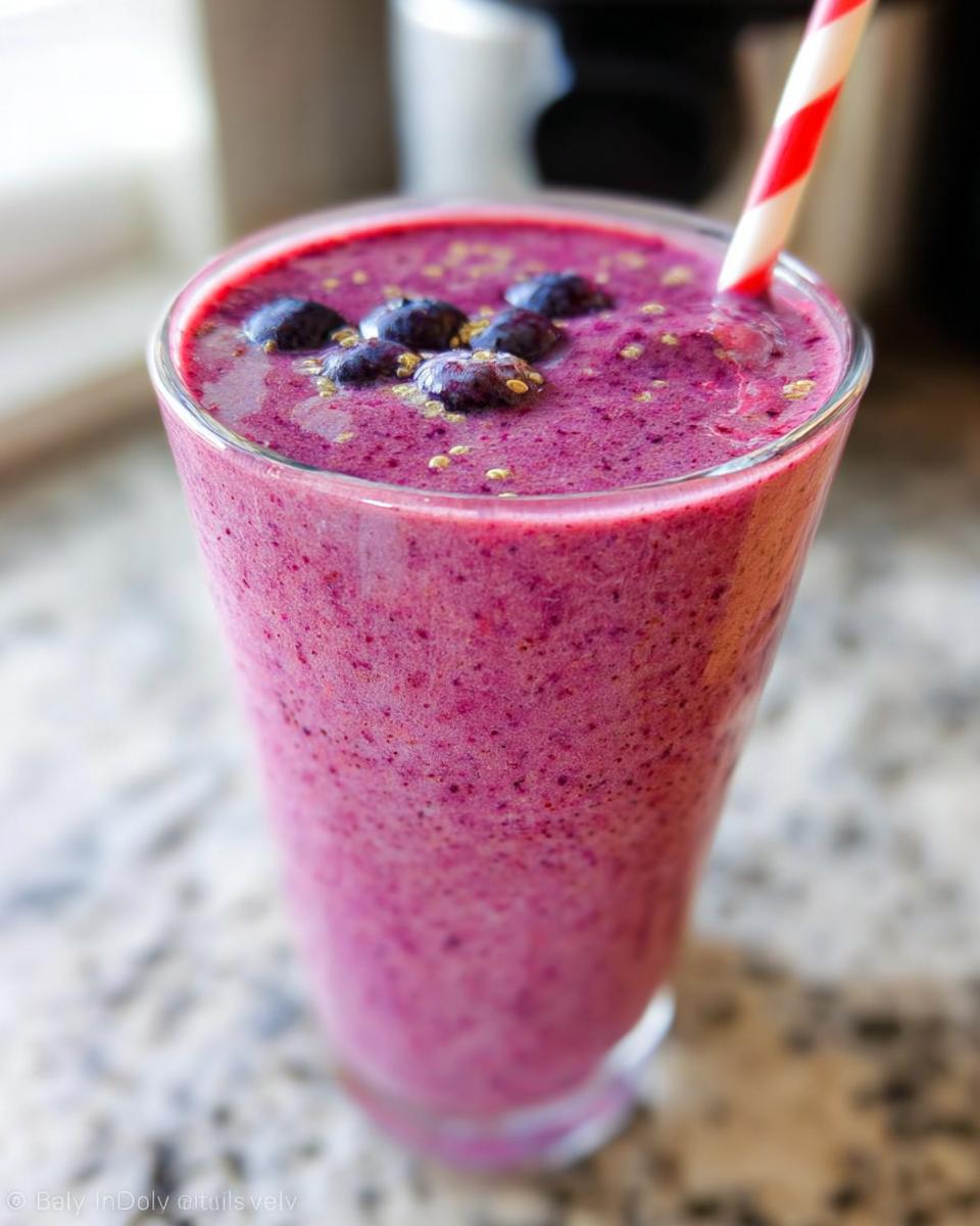 Nahaufnahme eines leuchtend violetten Smoothie ohne Banane mit Beeren, garniert mit Blaubeeren und Samen.