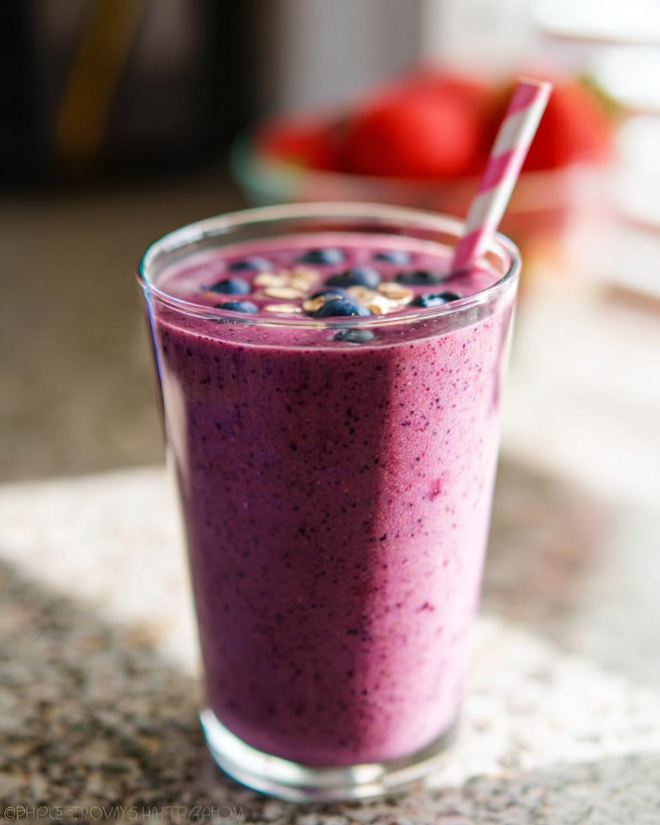 Ein lila Smoothie ohne Banane mit Beeren, garniert mit Blaubeeren und Haferflocken.