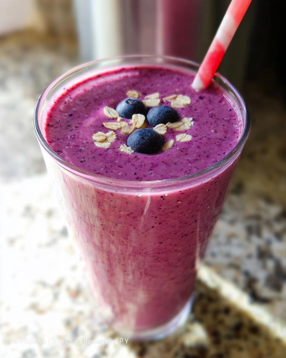 Nahaufnahme eines violetten Smoothie ohne Banane mit Beeren, garniert mit Haferflocken und einem Strohhalm.