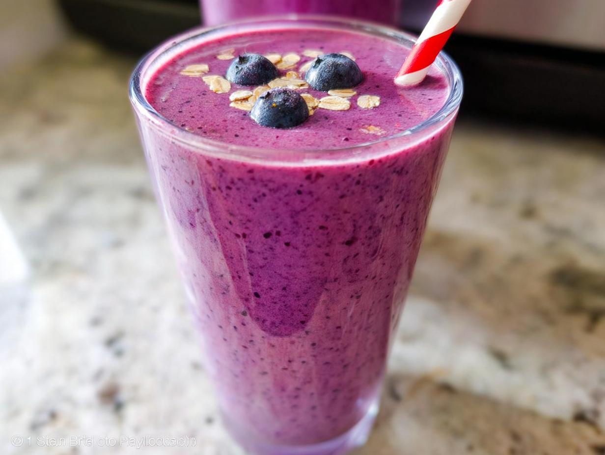 Nahaufnahme eines violetten Smoothie ohne Banane mit Beeren, garniert mit Blaubeeren und Haferflocken.