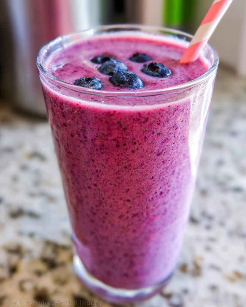 Nahaufnahme eines leuchtend violetten Smoothie ohne Banane mit Beeren, garniert mit frischen Blaubeeren.