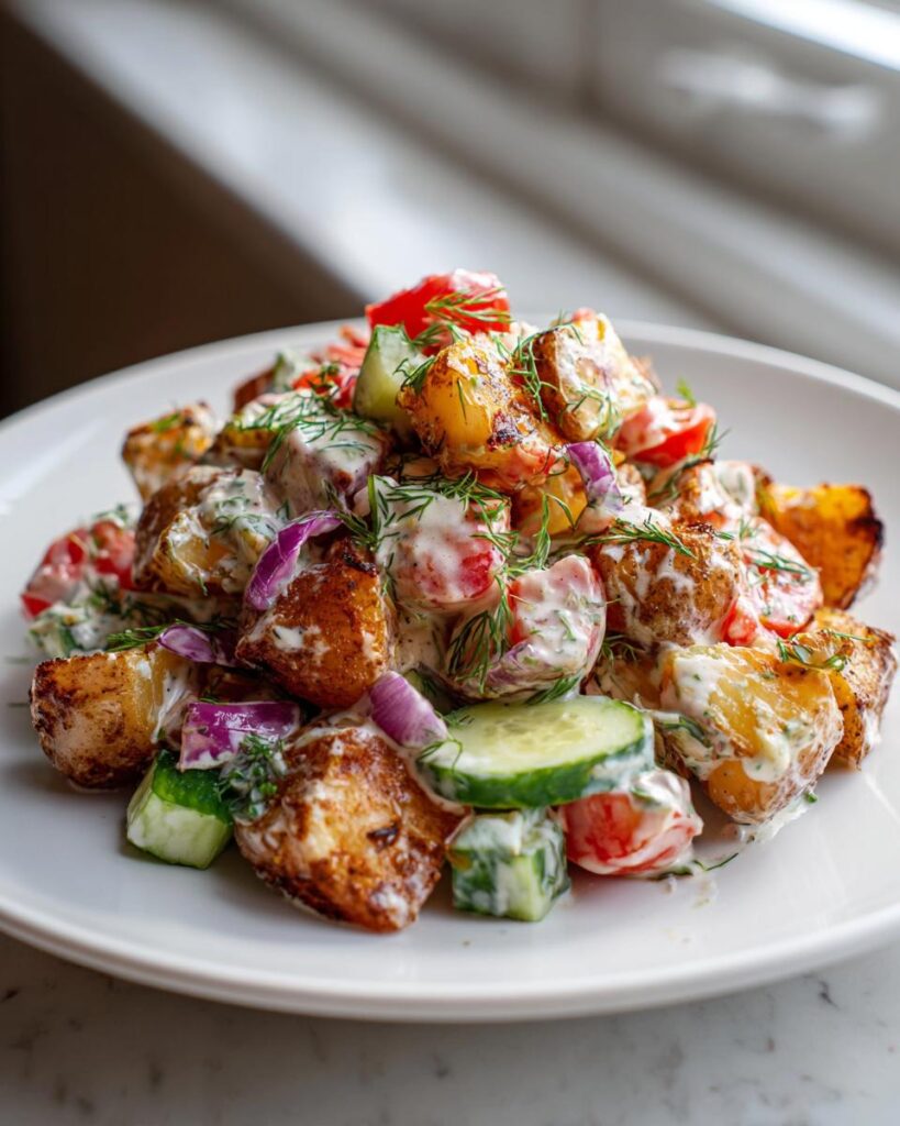 Nahaufnahme von Sommerlicher Crunchy Kartoffelsalat mit Kräutern, mit knusprigen Kartoffeln, Gurken und roter Zwiebel in cremiger Soße.