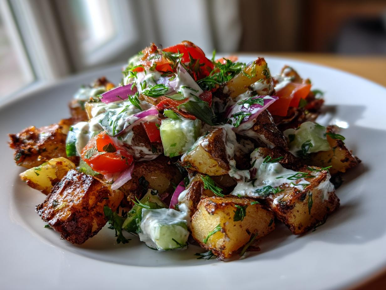 Nahaufnahme des Sommerlicher Crunchy Kartoffelsalat mit Kräutern, bestehend aus knusprigen Kartoffeln, Gurken, Tomaten und cremiger Soße.