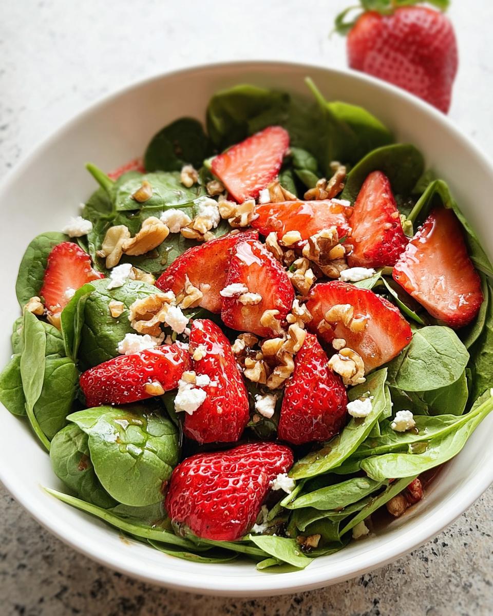 Nahaufnahme eines weißen Bowls mit Spinat-Erdbeer-Salat, Feta und Walnüssen, typisch für Spinat-Erdbeer-Salat.