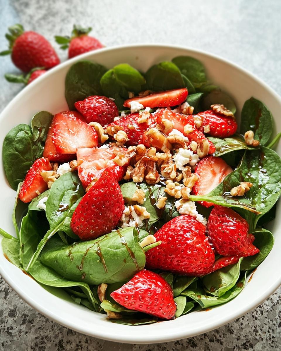 Nahaufnahme eines Schüssel Spinat-Erdbeer-Salat mit Walnüssen und Balsamico-Dressing.