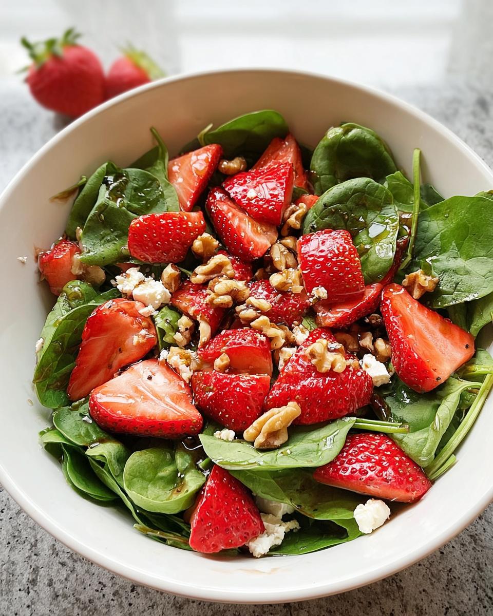 Nahaufnahme eines Spinat-Erdbeer-Salat mit Walnüssen und Feta in einer weißen Schüssel.