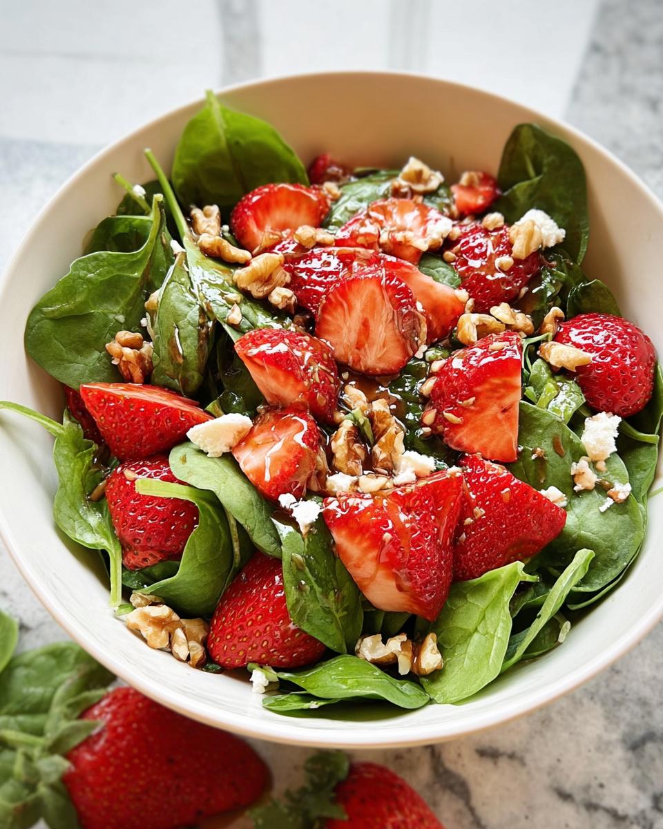 Nahaufnahme eines Schüssel Spinat-Erdbeer-Salat mit Walnüssen und Balsamico-Dressing.