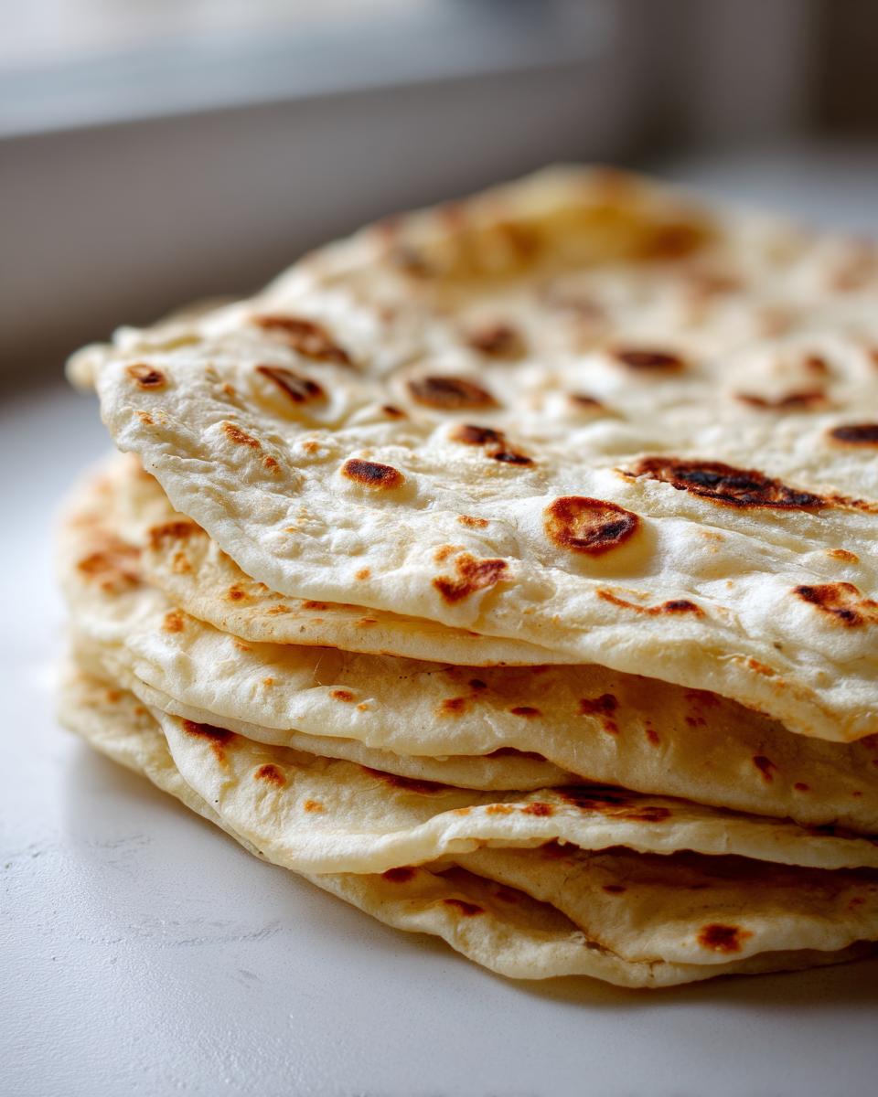 Stapel frisch zubereiteter Flour Tortillas für Burritos mit leichten braunen Flecken vom Braten.