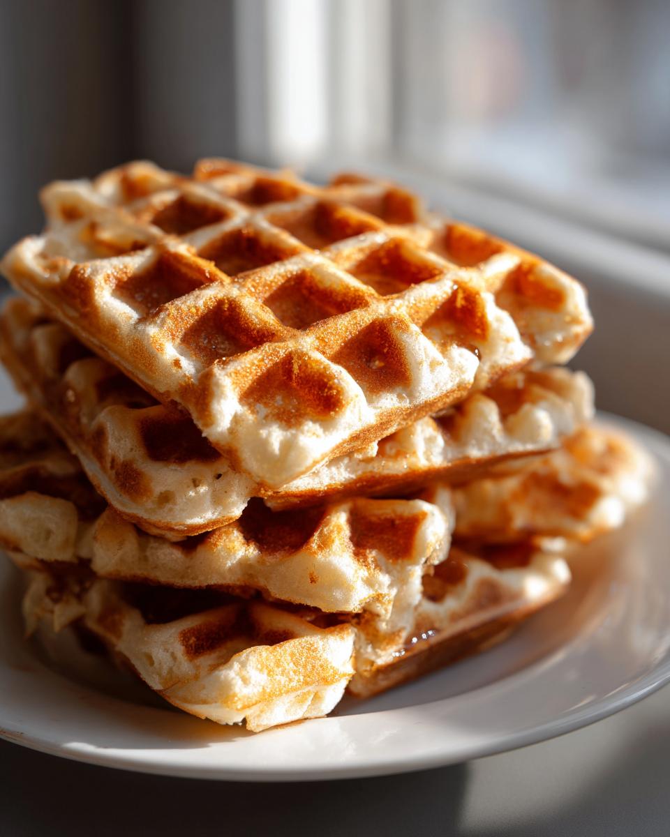Stapel von fluffigen, goldbraunen Waffeln für Kinder wie bei Oma, serviert auf einem weißen Teller.