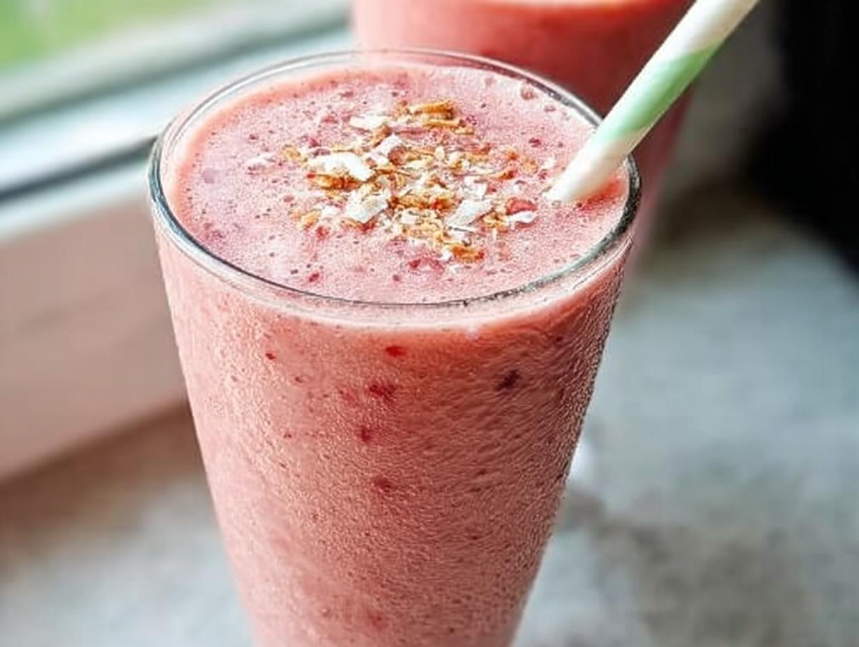 Nahaufnahme eines erfrischenden Strawberry Banana Colada Smoothie, garniert mit Kokosraspeln und einem gestreiften Strohhalm.