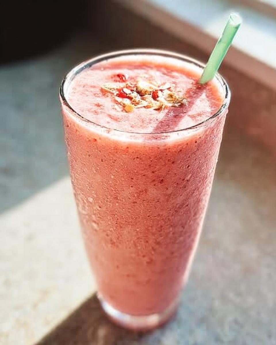 Nahaufnahme eines gekühlten Strawberry Banana Colada Smoothie, garniert mit Müsli und einer grünen Trinkhalm.