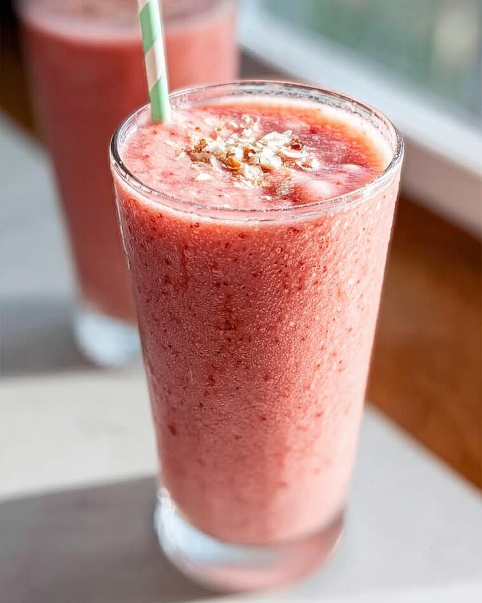 Nahaufnahme eines gekühlten Strawberry Banana Colada Smoothie mit einem gestreiften Strohhalm und Haferflocken-Topping.
