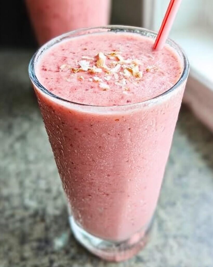 Nahaufnahme eines erfrischenden Strawberry Banana Colada Smoothie mit Kokosraspeln und einem roten Strohhalm.