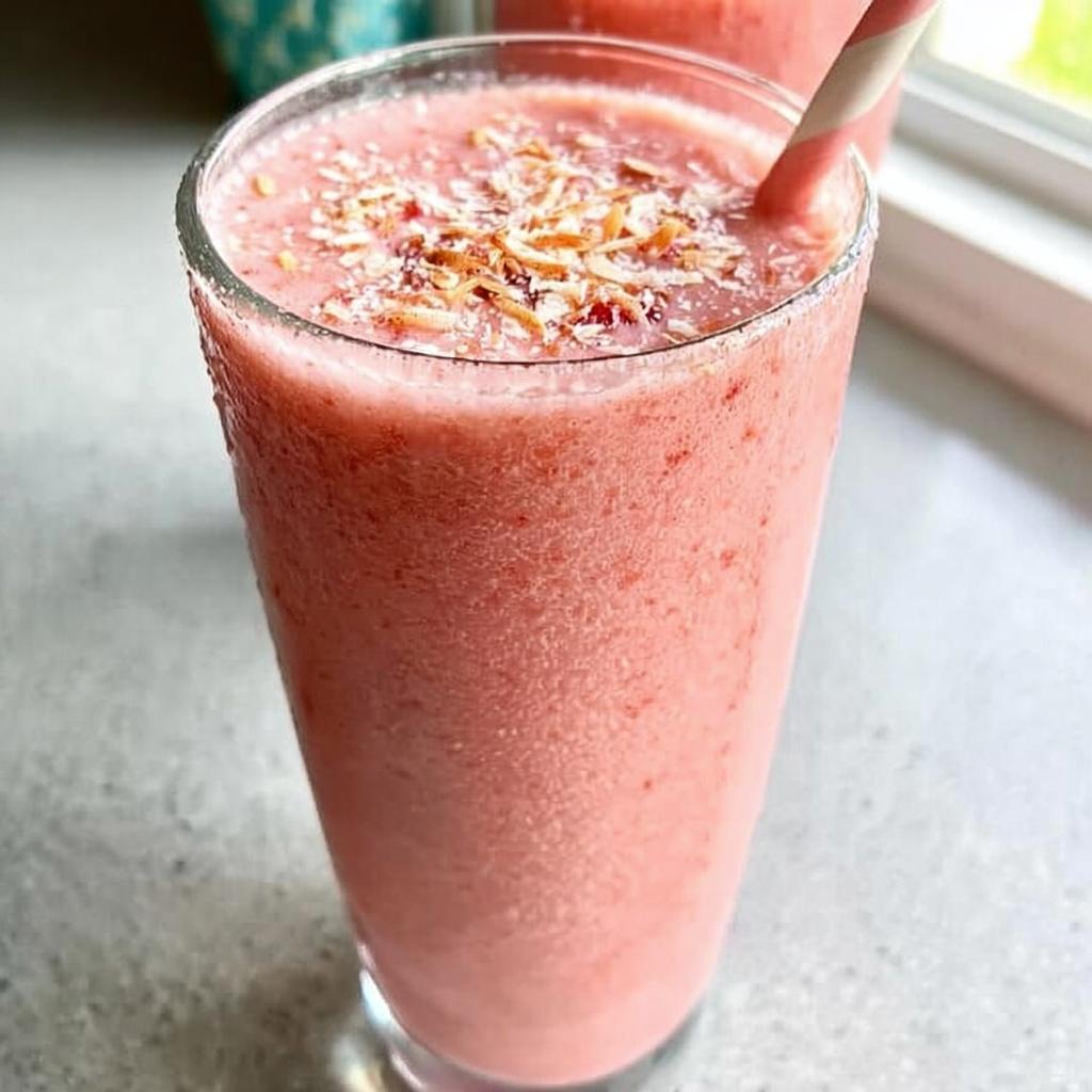 Nahaufnahme eines Strawberry Banana Colada Smoothie, garniert mit gerösteter Kokosnuss.
