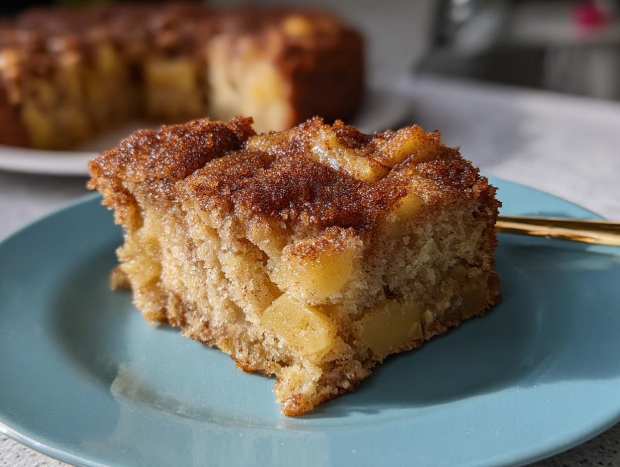 Ein Stück Apfelkuchen mit Zimt-Zucker-Topping auf einem blauen Teller, mit sichtbaren Apfelstücken im Teig.