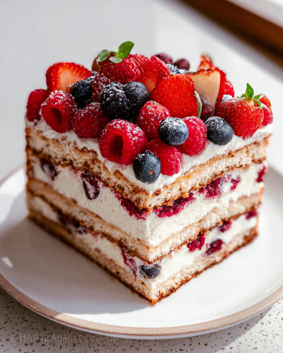 Nahaufnahme eines köstlichen Stücks Beeren Tiramisu Kuchen mit Schichten aus Biskuit, Creme und frischen Beeren.